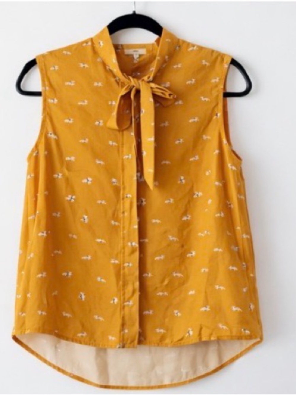Fox Print Sleeveless Tie Neck Blouse Mustard Anthropologie Parisian Chic Top Sm